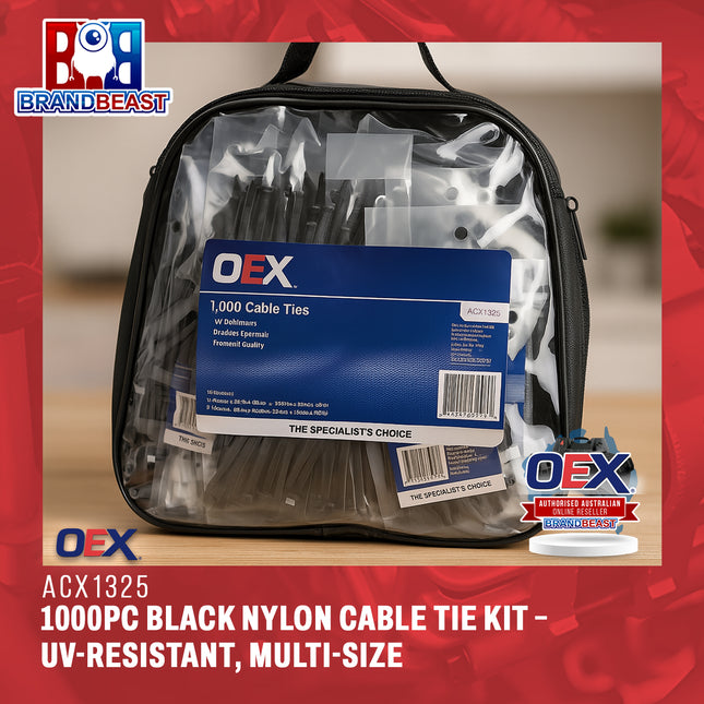 OEX ACX1325 1000Pc Black Nylon Cable Tie Kit – Heavy Duty, UV-Resistant, Multi-Size Assortment