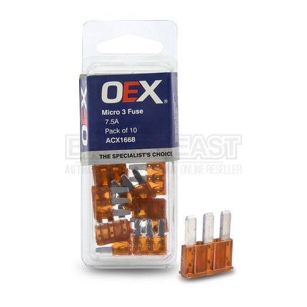 OEX ACX1668 Micro 3 Blade Fuse, 7.5A Brown - Pack of 10