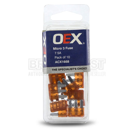 OEX ACX1668 Micro 3 Blade Fuse, 7.5A Brown - Pack of 10