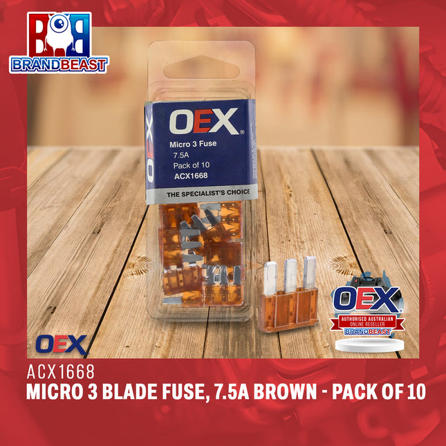 OEX ACX1668 Micro 3 Blade Fuse, 7.5A Brown - Pack of 10