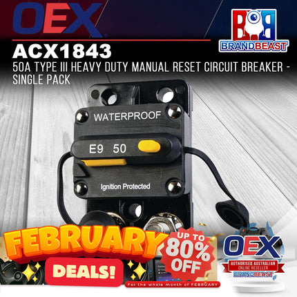 OEX ACX1843 50A Type III Heavy Duty Manual Reset Circuit Breaker - Single Pack