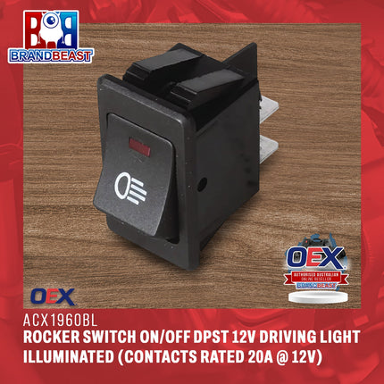 OEX ACX1960BL Rocker Switch On/Off DPST 12V Driving Light Illuminated (Contacts Rated 20A @ 12V)