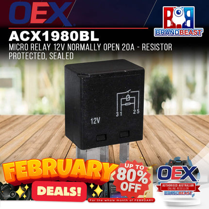 OEX ACX1980BL Micro Relay 12V Normally Open 20A - Resistor Protected, Sealed