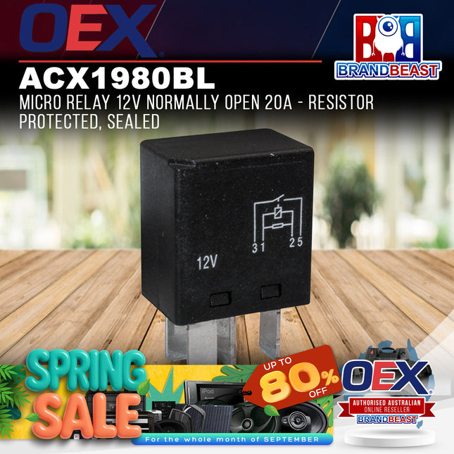 OEX ACX1980BL Micro Relay 12V Normally Open 20A - Resistor Protected, Sealed