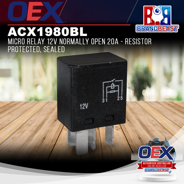 OEX ACX1980BL Micro Relay 12V Normally Open 20A - Resistor Protected, Sealed