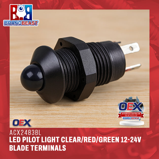 OEX ACX2483BL LED Pilot Light Clear/Red/Green 12-24V Blade Terminals