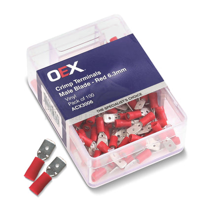 OEX ACX3006 Red Male Blade Crimp Terminals 6.3x0.8mm – Vinyl Insulated, 100pc Pack