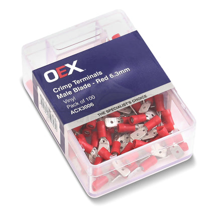 OEX ACX3006 Red Male Blade Crimp Terminals 6.3x0.8mm – Vinyl Insulated, 100pc Pack