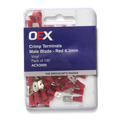 OEX ACX3006 Red Male Blade Crimp Terminals 6.3x0.8mm – Vinyl Insulated, 100pc Pack