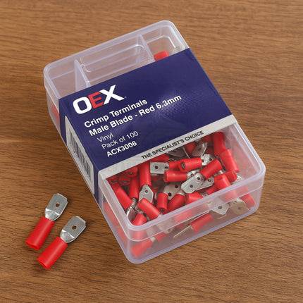 OEX ACX3006 Red Male Blade Crimp Terminals 6.3x0.8mm – Vinyl Insulated, 100pc Pack