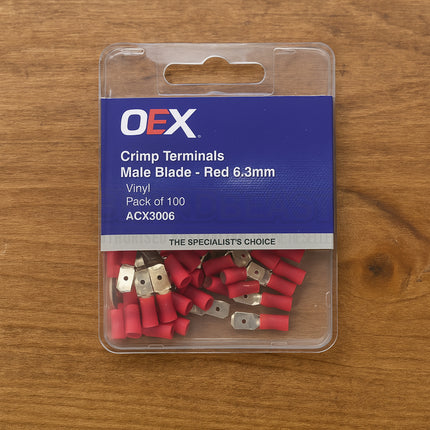 OEX ACX3006 Red Male Blade Crimp Terminals 6.3x0.8mm – Vinyl Insulated, 100pc Pack