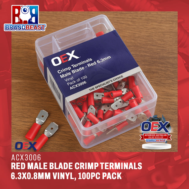 OEX ACX3006 Red Male Blade Crimp Terminals 6.3x0.8mm – Vinyl Insulated, 100pc Pack