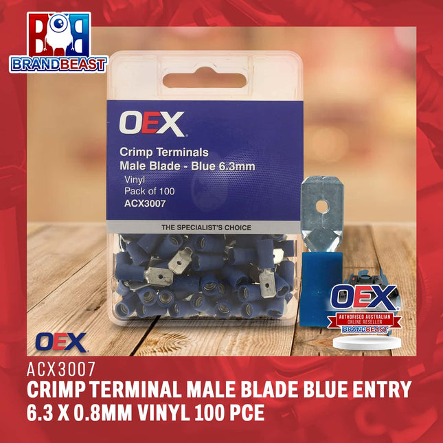 OEX ACX3007 Crimp Terminal Male Blade Blue Entry 6.3 x 0.8mm Vinyl 100 Pce