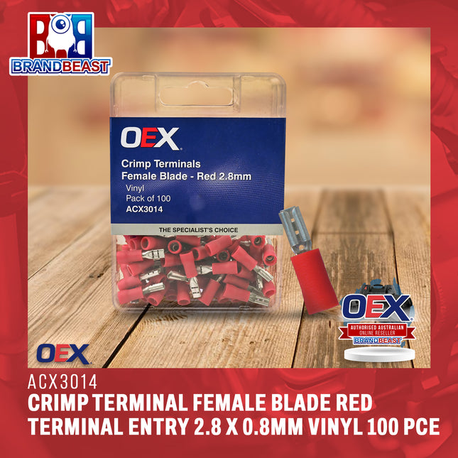 OEX ACX3014  Crimp Terminal Female Blade Red Terminal Entry 2.8 x 0.8mm Vinyl 100 Pce