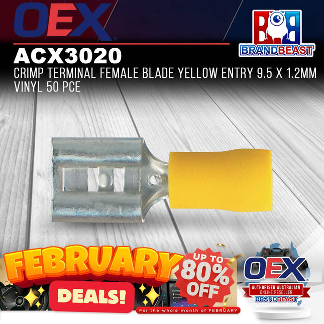 OEX ACX3020 Crimp Terminal Female Blade Yellow Entry 9.5 x 1.2mm Vinyl 50 Pce