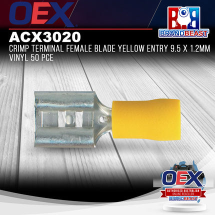 OEX ACX3020 Crimp Terminal Female Blade Yellow Entry 9.5 x 1.2mm Vinyl 50 Pce