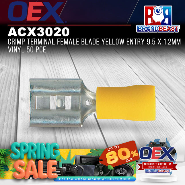 OEX ACX3020 Crimp Terminal Female Blade Yellow Entry 9.5 x 1.2mm Vinyl 50 Pce