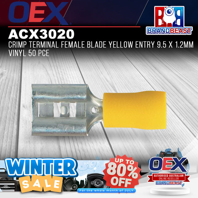 OEX ACX3020 Crimp Terminal Female Blade Yellow Entry 9.5 x 1.2mm Vinyl 50 Pce
