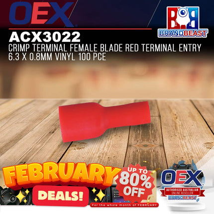 OEX ACX3022 Crimp Terminal Female Blade Red Terminal Entry 6.3 x 0.8mm Vinyl 100