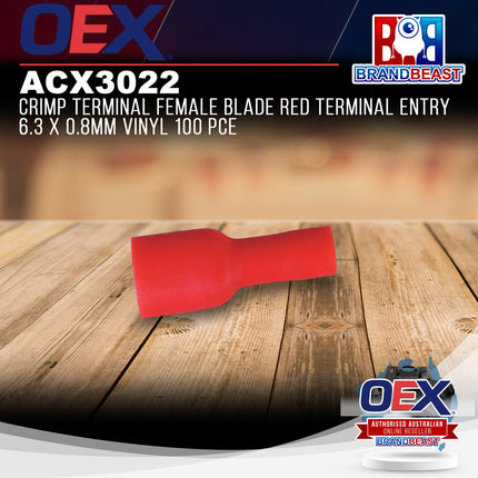 OEX ACX3022 Crimp Terminal Female Blade Red Terminal Entry 6.3 x 0.8mm Vinyl 100