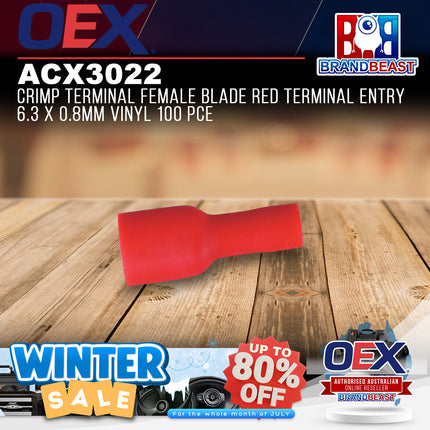 OEX ACX3022 Crimp Terminal Female Blade Red Terminal Entry 6.3 x 0.8mm Vinyl 100