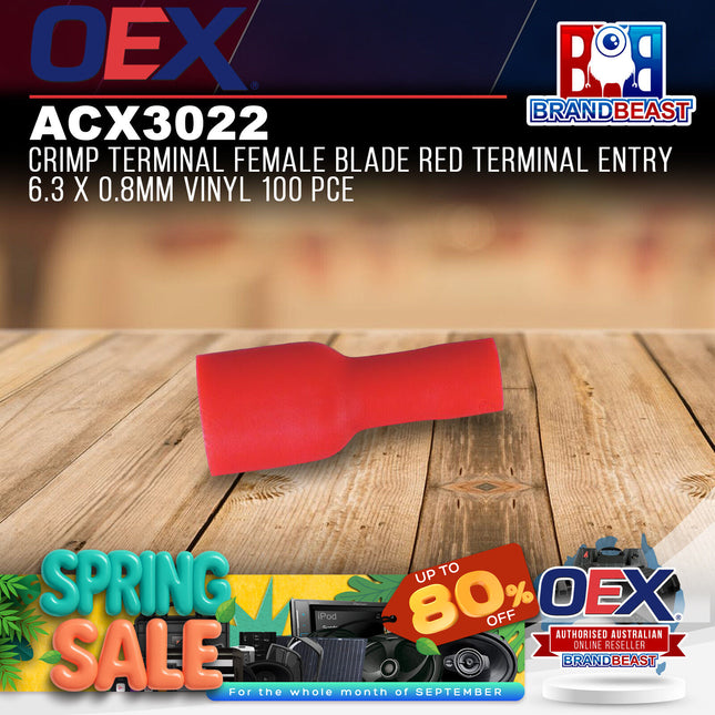 OEX ACX3022 Crimp Terminal Female Blade Red Terminal Entry 6.3 x 0.8mm Vinyl 100