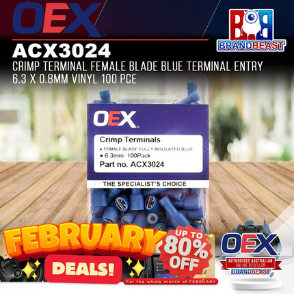 OEX ACX3024 Crimp Terminal Female Blade Blue Entry 6.3 x 0.8mm Vinyl 100 Pce