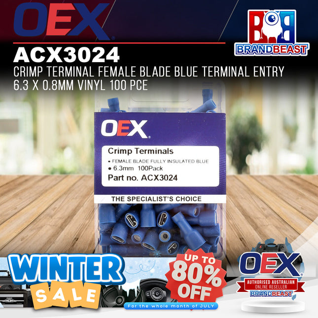 OEX ACX3024 Crimp Terminal Female Blade Blue Entry 6.3 x 0.8mm Vinyl 100 Pce