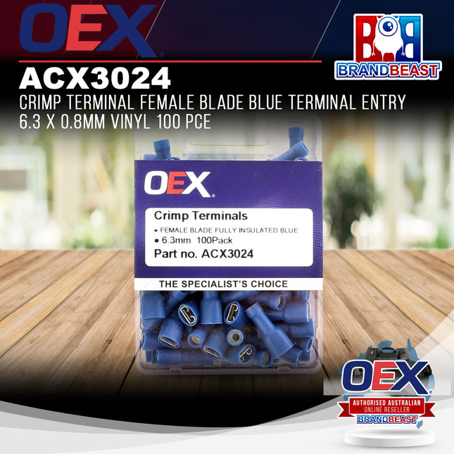 OEX ACX3024 Crimp Terminal Female Blade Blue Entry 6.3 x 0.8mm Vinyl 100 Pce