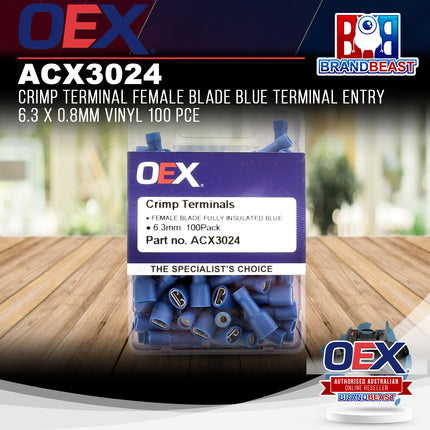 OEX ACX3024 Crimp Terminal Female Blade Blue Entry 6.3 x 0.8mm Vinyl 100 Pce