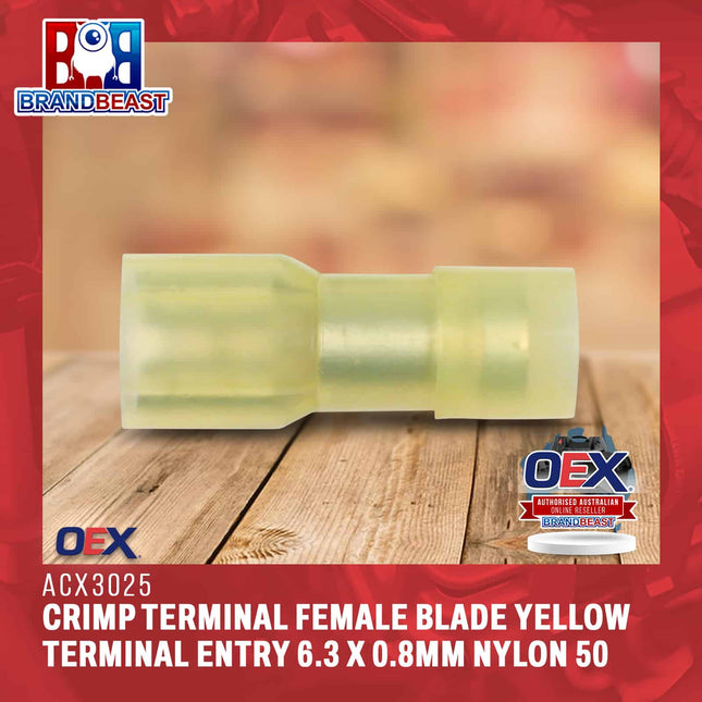 OEX ACX3025 Crimp Terminal Female Blade Yellow Terminal Entry 6.3 x 0.8mm Nylon 50 Pce