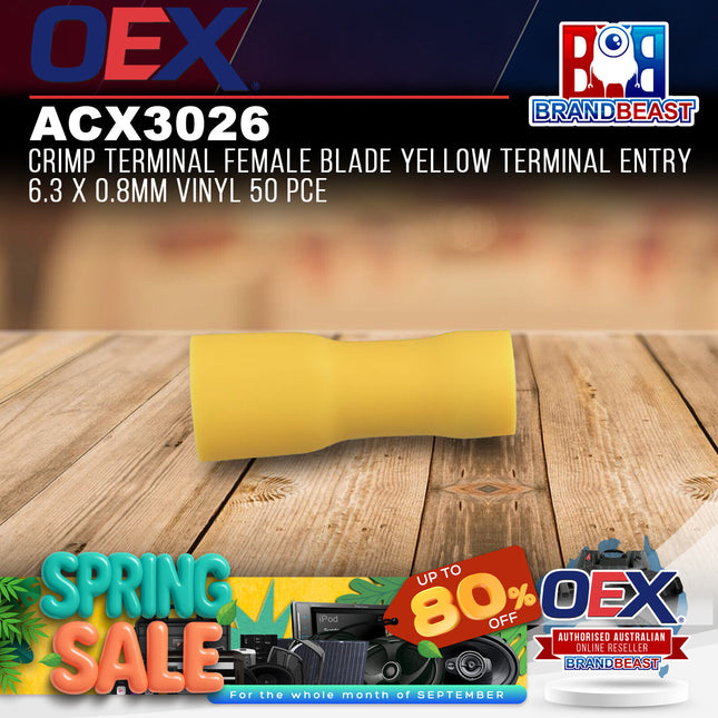 OEX ACX3026 Crimp Terminal Female Blade Yellow Terminal Entry 6.3 x 0.8mm Vinyl