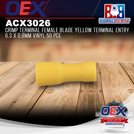 OEX ACX3026 Crimp Terminal Female Blade Yellow Terminal Entry 6.3 x 0.8mm Vinyl