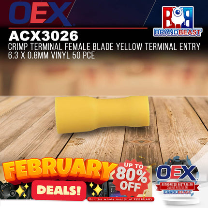 OEX ACX3026 Crimp Terminal Female Blade Yellow Terminal Entry 6.3 x 0.8mm Vinyl