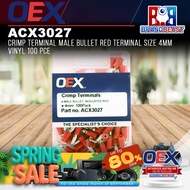 OEX ACX3027 Crimp Terminal Male Bullet Red Terminal Size 4mm Vinyl 100 Pce
