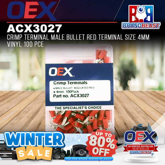 OEX ACX3027 Crimp Terminal Male Bullet Red Terminal Size 4mm Vinyl 100 Pce