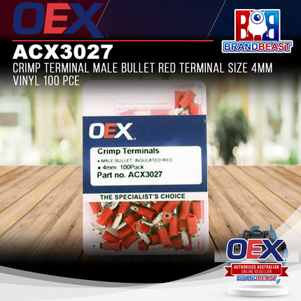 OEX ACX3027 Crimp Terminal Male Bullet Red Terminal Size 4mm Vinyl 100 Pce