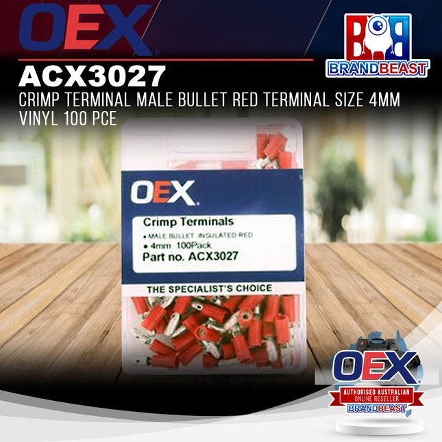 OEX ACX3027 Crimp Terminal Male Bullet Red Terminal Size 4mm Vinyl 100 Pce