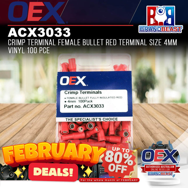 OEX ACX3033 Crimp Terminal Female Bullet Red Terminal Size 4mm Vinyl 100 Pce