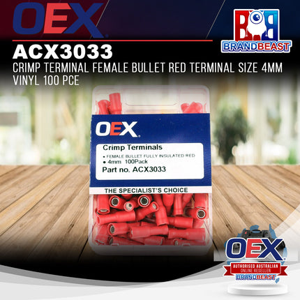 OEX ACX3033 Crimp Terminal Female Bullet Red Terminal Size 4mm Vinyl 100 Pce