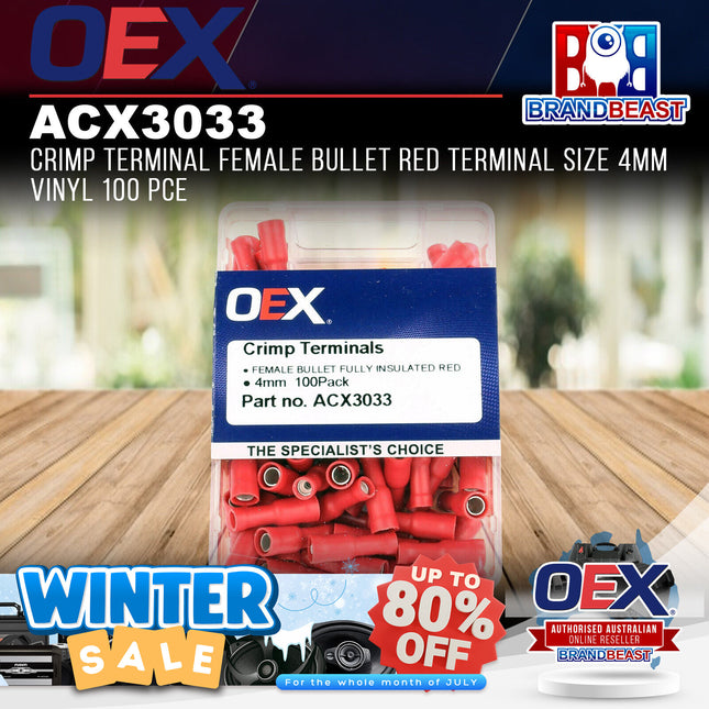 OEX ACX3033 Crimp Terminal Female Bullet Red Terminal Size 4mm Vinyl 100 Pce