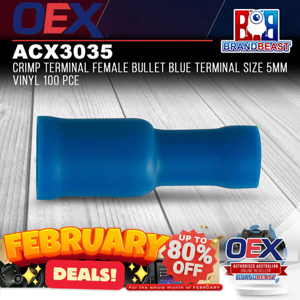 OEX ACX3035 Crimp Terminal Female Bullet Blue Terminal Size 5mm Vinyl 100 Pce