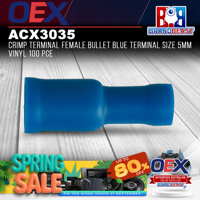 OEX ACX3035 Crimp Terminal Female Bullet Blue Terminal Size 5mm Vinyl 100 Pce