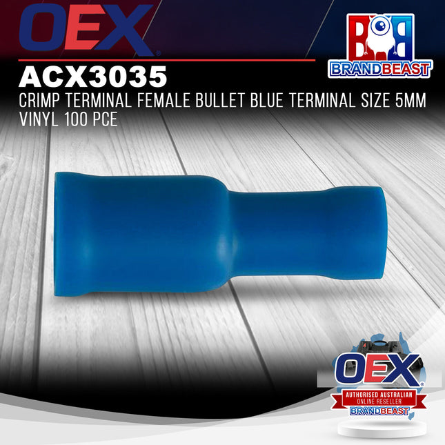 OEX ACX3035 Crimp Terminal Female Bullet Blue Terminal Size 5mm Vinyl 100 Pce