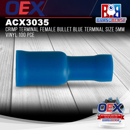 OEX ACX3035 Crimp Terminal Female Bullet Blue Terminal Size 5mm Vinyl 100 Pce