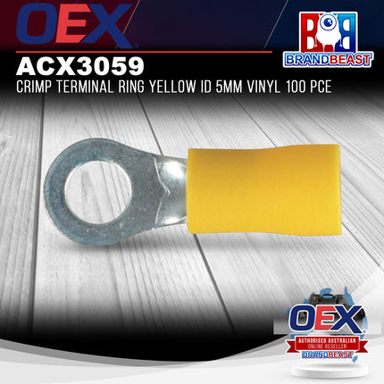 OEX ACX3059 Crimp Terminal Ring Yellow ID 5mm Vinyl 100 Pce
