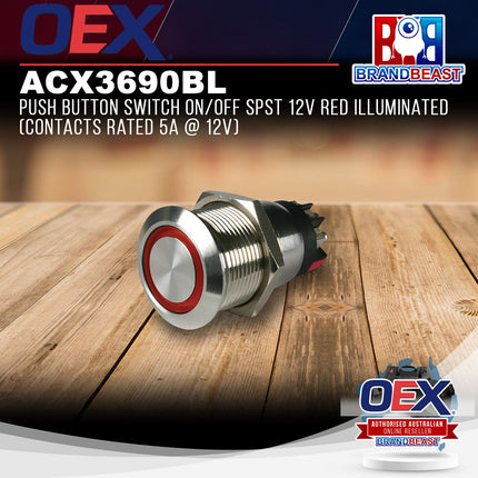 OEX ACX3690BL Push Button Switch On/Off SPST 12V Red Illuminated Contacts Rated