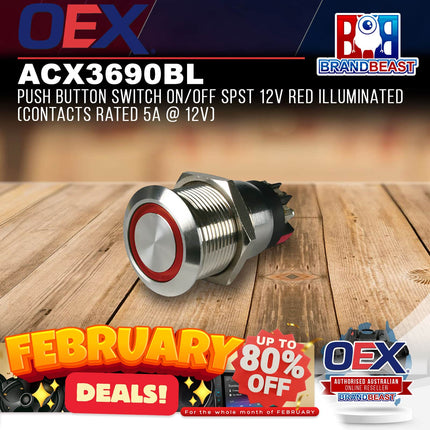 OEX ACX3690BL Push Button Switch On/Off SPST 12V Red Illuminated Contacts Rated