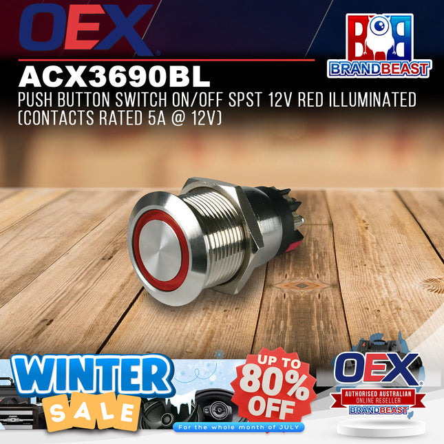 OEX ACX3690BL Push Button Switch On/Off SPST 12V Red Illuminated Contacts Rated