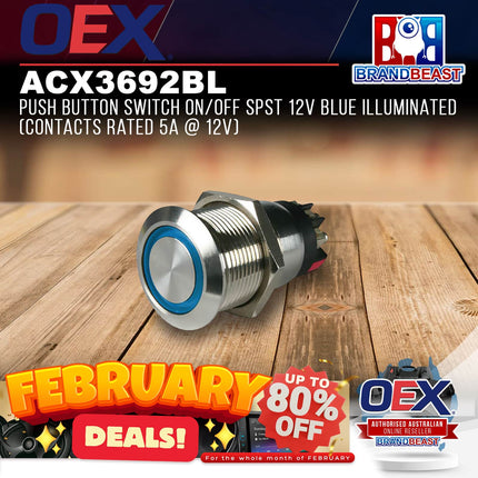 OEX ACX3692BL Push Button Switch On/Off SPST 12V Blue Illuminated (Contacts Rate